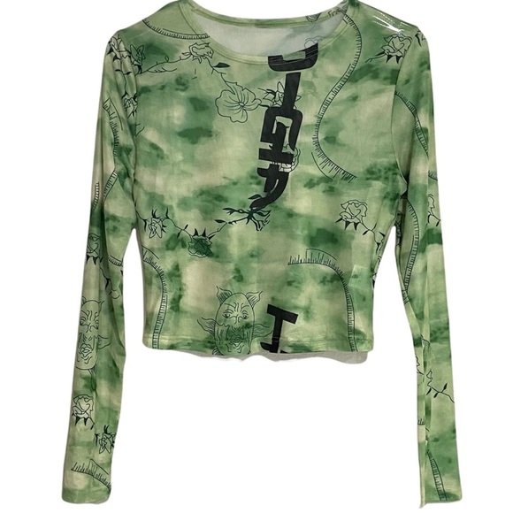 SHEIN Graphic Print Long Sleeve Mesh Tee Green Size Medium - Picture 3 of 9